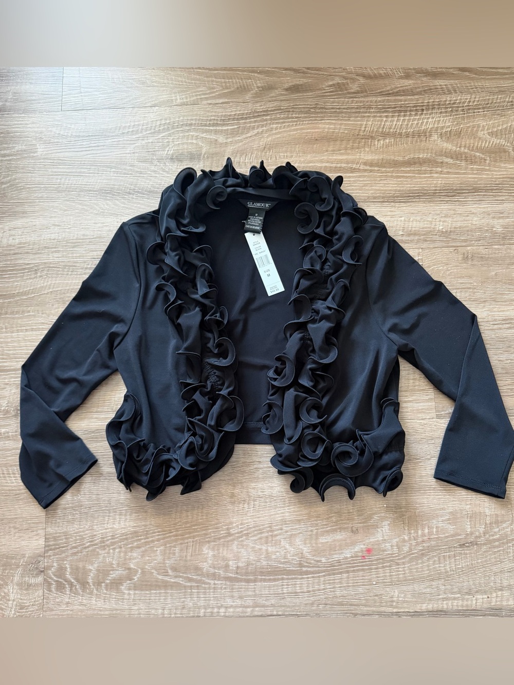 Glamour Black Ruffle-Trim Open-Front Shrug